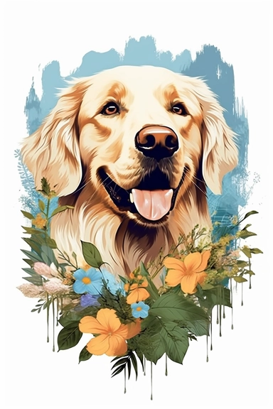 white background, dog, 3d, super closeup, sticker, photorealistic, artwork of t shirt graphic of majestic forest, in digital painting style , beautiful flowers, sunset mountains and clouds , big vines, plants sorround, highly detailed clean, vector image, photorealistic masterpiece, professional photography, realistic, flat white background, isometric, vibrant vector, clipart, illustration, realism, 4k, , cinematic, front view, paradise, extremely white background