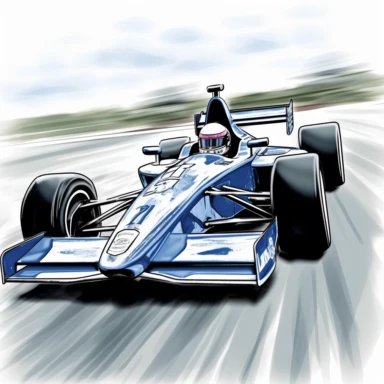 in clipart style an image of an Indy car racing at high speed. The car should be prominently featured, moving so fast that it seems to blur against the track, emphasizing the sensation of speed. The background should be a blur of racing track and cheering spectators. The car itself should be stylized to enhance the sense of speed, perhaps with exaggerated aerodynamic shapes and trailing light or energy lines. Avoid any elements that would detract from the focus on speed, such as static or slow-m