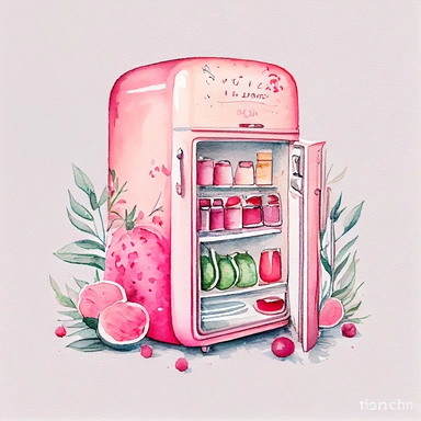 pink vintage mini fridge, on a white background, watercolor Illustration clipart, 4K, extremely detailed