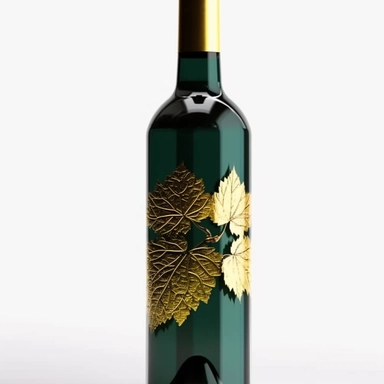 tall and slim dark green wine bottle full of wine classical golden grape leaves decorated clip art on white background k8