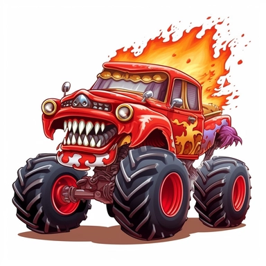 red cartoon monster truck crushing an old car clipart isolated on a white background flames coming out of the back