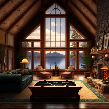 large great room, entertainment room in log cabin, wall of windows with view of beautiful lake, pool table, comfortable furniture, large beautiful carpet, fireplace with fire burning, large comfortable couch, fantasy, ethereal, clipart