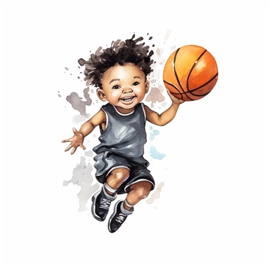 cute Watercolor black cartoon basketball player shooting hoops, clipart, white background