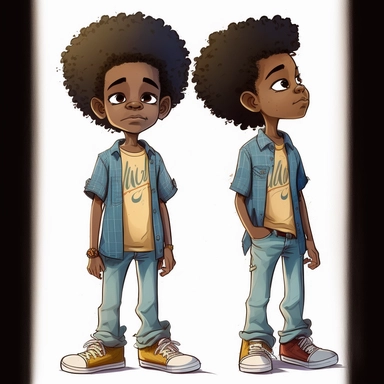 son of Draymon, 7 year old black man, illustration for children's book, multiple angles, 360 degree character, 7 years old, curly black and gray faded flat top afro, large eyes, wearing blue jeans, yellow shirt, brown shoes, Watercolor Clipart, strybk, full Illustration, 4k, sharp focus, watercolor, smooth soft skin, symmetrical, soft lighting, detailed face, watercolor style, strybk, Octane rendering, 3d. Perfect face, detailed face, delicate face, perfect round lips, detailed eyes. Ghibli Anim