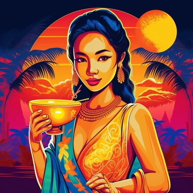 Illustrate a clipart image showcasing a beautiful thai woman with radiant eyes that shine brightly drinking a glow in the dark, neon, coconut. Use a rich and diverse color palette to enhance her appearance, and ensure the image is detailed and crisp. The background should be pure white