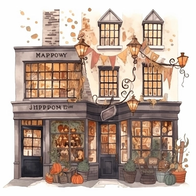 a spooky magic shop decorated for Halloween , diagon alley from Harry Potter inspired, magical, Gouache, white background with margins, Clipart style