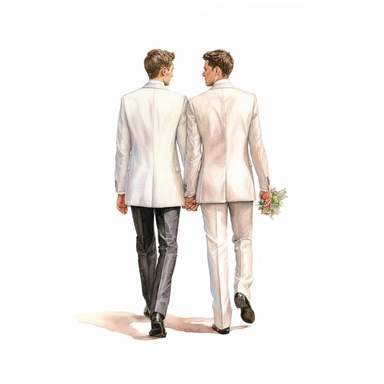 watercolor, hyper realistic, white background, white margins, 16k, ultra detailed clipart, cut out image, hand-drawn,celebration of love and commitment between two individuals of the same gender, wearing wedding attire, two grooms, both wear vest, full length body, back view