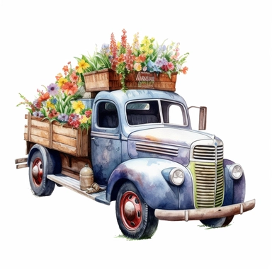 side view realistic watercolor drawing of a vintage american truck in texas carrying buckets of flowers, on a white background where the background will be removed to repurpose as a clipart.