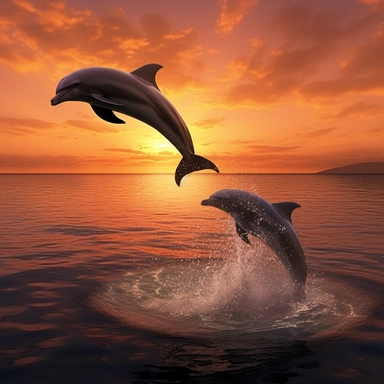 Clipart,A pair of dolphins jumping over a sunset, hyperrealistic, hyper high definition