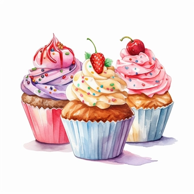 cup cakes with ice cream hd, on white background clipart water colour--ar 3:2