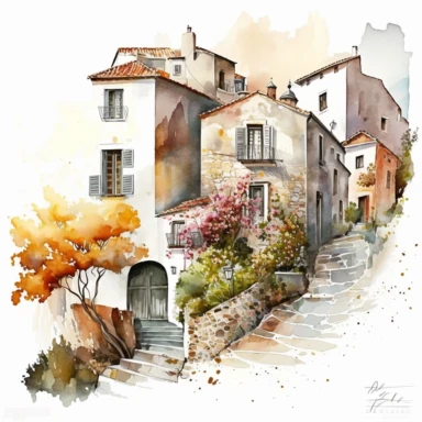 beautiful watercolor clipart of white houses on a cobbled street in a French hillside village near the Mediterranean sea, warm summer hues, compositions on an isolated white background. Bright landscapes illustrations, highly detailed