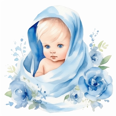 an ultra cute baby boy wrapped in a blue blanket, flower bomb, summer, Watercolor white background clipart