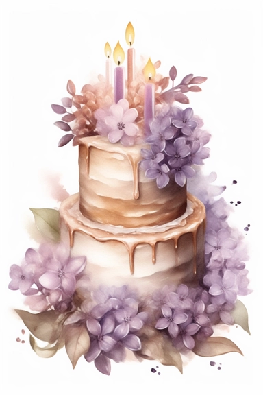 amazing detailed watercolor clipart of a beautifully detailed lilac and soft brown colored birthday cake, no caption, solid white background, cinematic light lighting, hyper-detailed, 8k, high resolution, symmetrical, full shot photograph, insanely detailed and intricate, beautiful, elegant, glamour, watercolor, cinematic