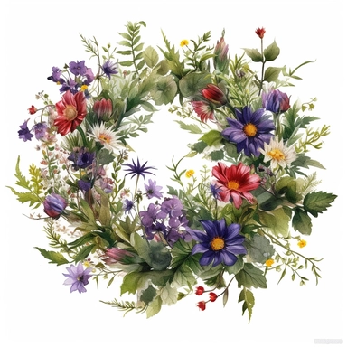 a simple gorgeous A wreath made with wildflowers and flowers and greenery on white background clipart, deep purple, emerald green, and ruby red color theme, watercolor painting realistic, high quality, vibrant, Vicente Romero Redondo, Willem van Aelst, Elsa Beskow
