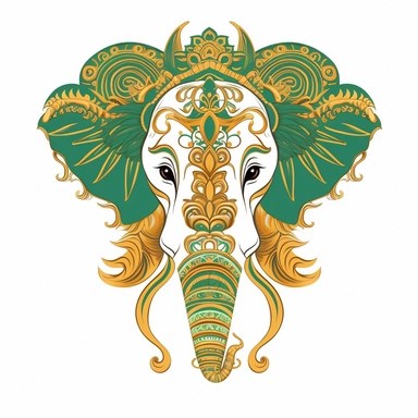 Flat illustration, Delicate embroidery depicts the head of traditional Chinese elephant head dance, with green and gold as the main colors, bright lighting, unimaginable details, a lot of negative white space, uhd, 16k,white background, clipart