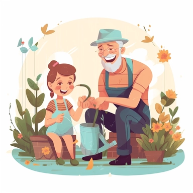 father day, grandfather and daugter, playing in garden clipart