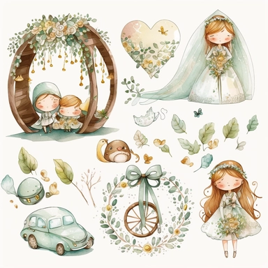 wedding rings tied with a ribbon , cute wedding illustrations clipart set, ILLUSTRATIONS FOR THE BOOK, cartoon elements, different variants, girl with long hair in a wedding veil, wedding, husband and wife Love , Hearts balloons , veil, garland, wooden el