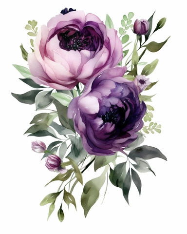 Watercolor Dark Purple Floral Arrangement, Individual Item, Watercolor Floral Composition, pale green Leaves, Plum Peony Flowers Clipart, PNG, a corner flower clipart on pure white background with margins, white background clipart
