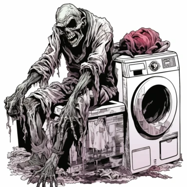 CLIP ART of Occult UNDEAD ZOMBIE WALKER doing laundry, indifferent, dark, moody, hyper detailed, on white background