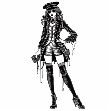 goth steampunk girl entire body Victorian era dressed illustration clipart by holly hobbie, comic style illustration, in the style of stencil-based, one color solid-crisp-black vector on white, thick outline style