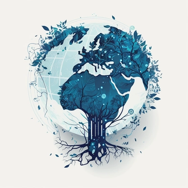 planet earth, glass morphism, tree, leaves, blue, simple, clean white background, digital, circuit board, icon, clipart, futuristic, 2D, flat, svg, sci-fi, 4k, vector