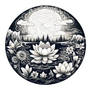 mandala made of water scene, in circle shape, ornate, lineart, clipart, black and white, png , black background, realistic
