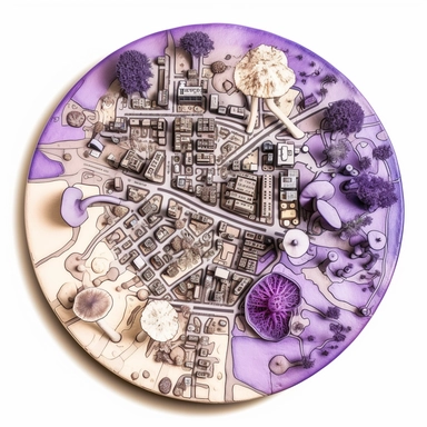 top-down view of a round scientific culture dish containing a simple map of a city block made with white fungal mycelium threads for the roads, a few major landmarks are small purple mushrooms, clean white background, iconic, clipart style, simple, cartoon, light colors, no grey
