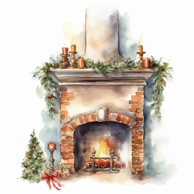 watercolor style, beautifully decorated christmas fireplace with slightly visible part of the wall behind it clipart, isolated on white background, 4K