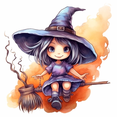 Little witch riding a broom, watercolor illustration high definition, cute character, Sublimation Clipart, hyper realistic, intricate detail, illustration style, isolated on white background for style by Lucy Fleming, watercolor, smooth gradients, black contour outline, ultra detailed, clipart elements, delicate pastel colors, solid white background, super clear, high quality