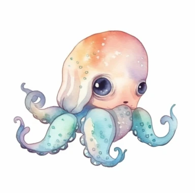 watercolor clipart with white background, cute octopus swimming, nursery wall art, pastel colors, simple cartoon style, flat design, clearly defined separated image, high quality