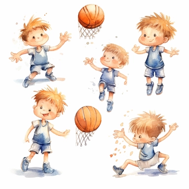 Watercolor cute little basketball player dunking the ball, illustrations clipart set, simple, cartoon elements ,different variants , separate elements with a margin, 4k, high resolution