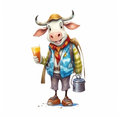 cute Cow character wearing camping clothes and camping gear with happy face,front facing on isolated background,with happy face and expression,Animal Sublimation Clipart,no splash watercolor,white background, ultra detailed clipart, cut out image, colorful watercolor realistic, cartoon style, ultra HD, sharp and clean art