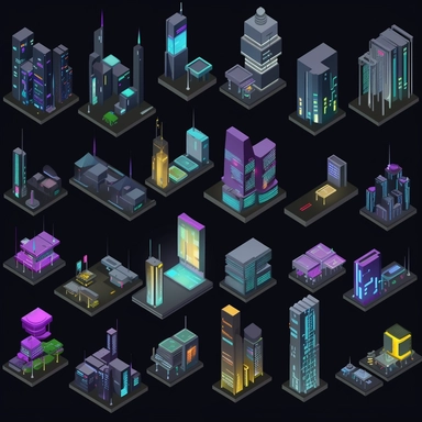 spritesheet of futuristic city buildings, isometric perspective, game sprite, sci-fi, fun, creative, cartoon, clipart, hyper-detailed, black background,