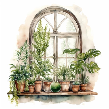 home plants standing front of a big boho style window with watercolor effect,suitable for digital clipart,white background,greenery plants,home style plants