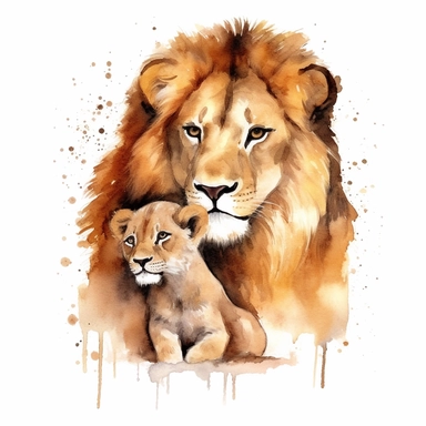 watercolour clipart, loin and baby lion, rich earth tones, sublimations