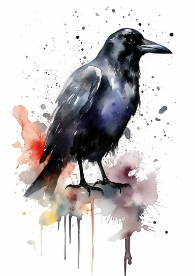 Cute horror gothic raven detailed, watercolor by Thomas w. schaller, clipart, solid background, black color sheme, hd
