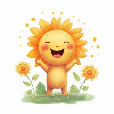 Cute floral illustration, realistic one adorable sun dancing happy clipart, nursery style clipart, Nursery Animals Art, Kids Wall Art, Kids Room Decor, Baby Room Decor, isolated on white, ultra - detailed, high quality, ghibli style, award winning