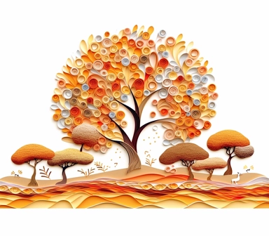 africa accacia trees landscape, art of quilling clipart, gold and glory pastel mute soft colors, illustration, white solid background,