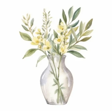 Design a dreamy watercolor clipart of Provence-inspired Olive branches, white roses, and eucalyptus in a tall glass vase composition, hand-painted with soft and graceful brushstrokes. Draw inspiration from the artistic finesse of Ethereal Petals Watercolors for a refined and ethereal depiction. isolated on a white background, hand-drawn illustration, hand-painted watercolor texture, 16k UHD resolution, intricately detailed, sharp focal points, designed by Ana Victoria Calderon and Holly Exley, i