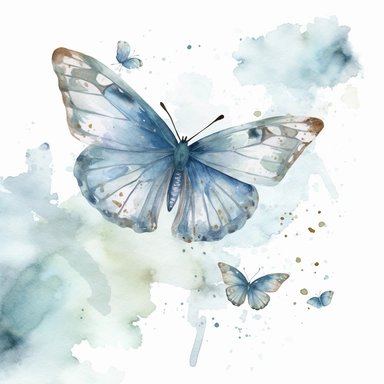 Watercolour fluttering butterfly in flight clipart, botanical sketch, no splash, light blue, single sheet, 4k