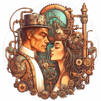 Against the backdrop of a grand, steampunk-themed steam train, a couple's lips meet for their first kiss, the air filled with the nostalgic scent of steam and the sight of beautifully crafted mechanical elements. Ultra high quality, intricate detail, retro-futurism, pastel clipart, white background