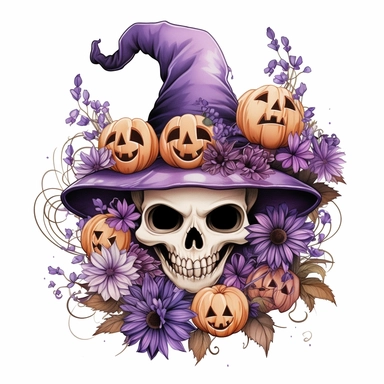 Spooky Cute halloween sublimation, Purple color Clipart, below are some flowers, and the head is cap, isolated on a white background,high quality design and Summons will be a pumkin