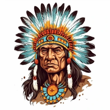 Cute Beautiful Native American Village Chief Sublimation Clipart, Cartoon, hyper realistic, intricate detail, illustration style, high solution, on the white background