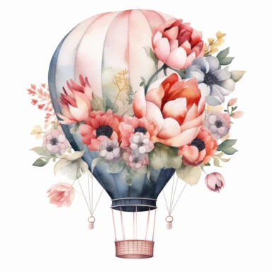 Watercolor Floral Hot Air Balloon Clipart, on a white background