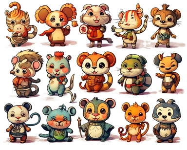 chinese cartoon characters baby clipart clipart , in the style of depictions of animals, visual puns, pattachitra, flickr, petcore, coloristic intensity, disfigured forms