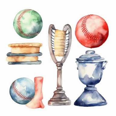 Watercolor cute little baseball trophy related items , illustrations clipart set, simple, christmas colors , cartoon elements ,different variants , championship cupseparate elements with a margin, 4k, high resolution