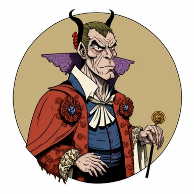 middle-aged beige-skinned devil man wearing fancy elaborate aristocrat robes Basil Wolverton, Dungeons & Dragons, handpainted punk zine fashion poster, clipart illustration, circle white background, circle border