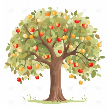 Apple tree clipart, vector cartoon childish nursery illustration, flat illustration, pastel colors, white background, very low detail, ar 2:3