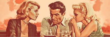 Atercolour clipart of one handsome gentleman with two women on a date, having a nice conversation and flirting, the women are attracted to the man, the women are biting their lips, the man has no glasses, vintage effect, ultra high quality, soft and muted colours, 4k
