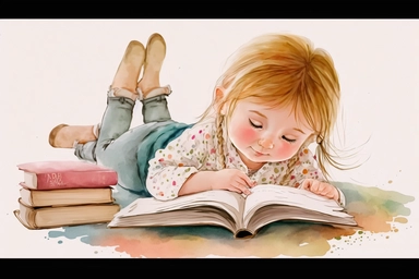 watercolor clipart, happy cute little girl lying on her stomach reading a book with her feet up, chibi